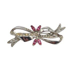 Vintage Silver Rhinestone Bow Brooch Pin With Pink and Clear Crystals
